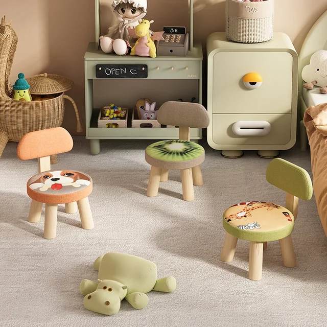 Cartoon Design Small Ottoman Solid Wood with Backrest for Kids' Home Living Room Low Stool Storage Feature Plastic Rental Bench