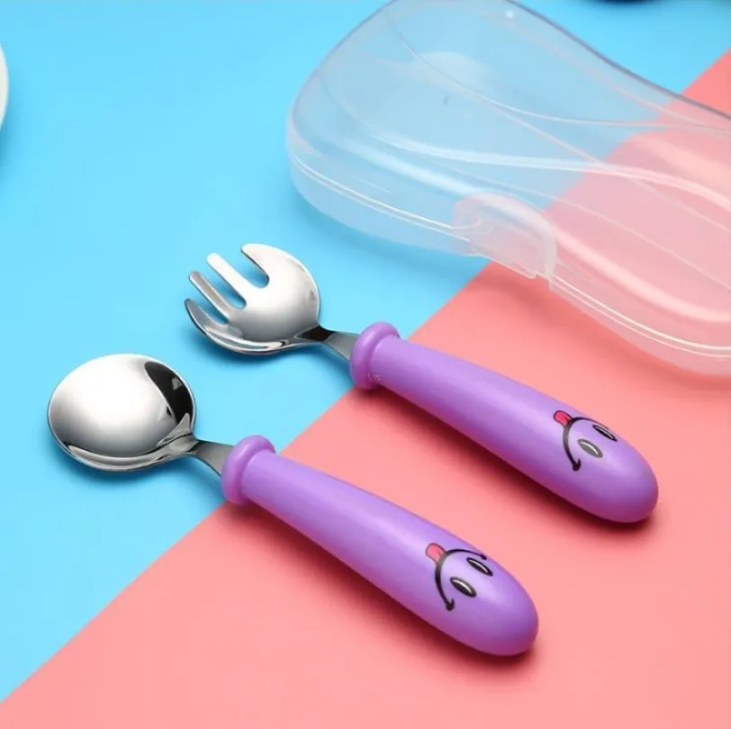 SURALIN - Set De 4 Couverts Bébé En Acier Inoxydable | Cuillère Et Fourchette Courbées | Dès 1 An