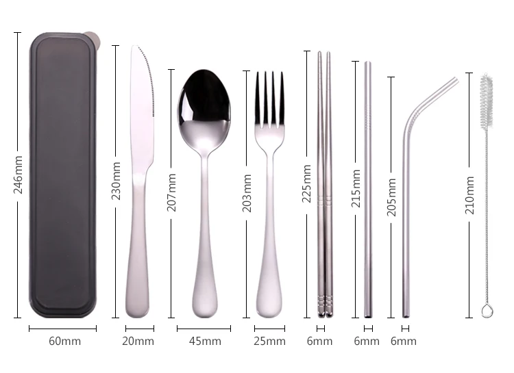 Travel Utensils Set with Case Reusable Portable Cutlery Set Stainless Steel  8pcs Including Dinner Knife Fork Spoon Chopsticks Straws(Silver)