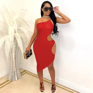 Irregular Sleeveless Hollow One Shoulder Tight Dress Hip-wrapped Open Back Sexy Nightclub Dress