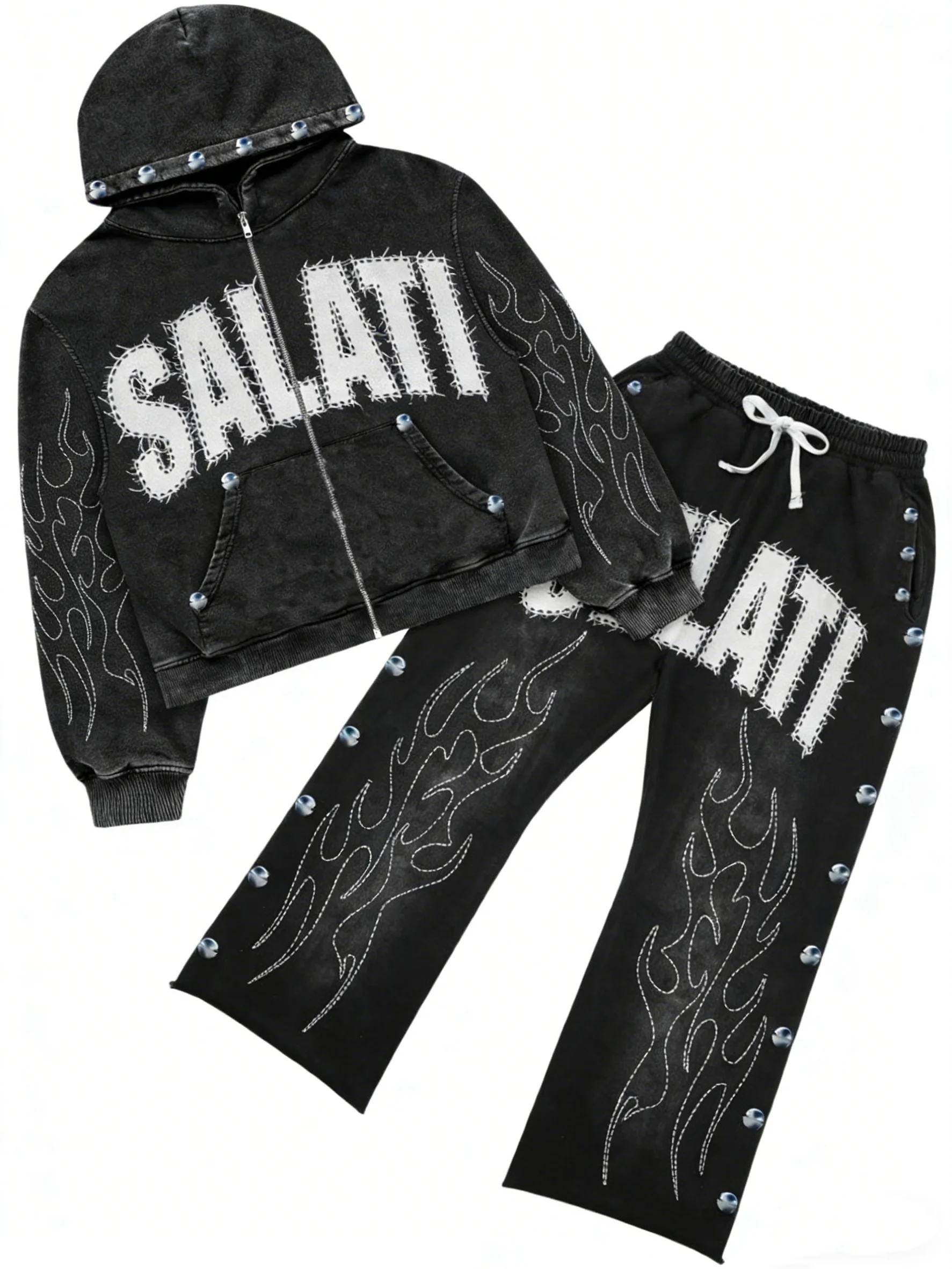 SALATI Custom Cotton Tracksuits Sweatpants and Hoodie Men Streetwear Acid Wash Distressing Embroidery Rhinestone Sweatsuit Set