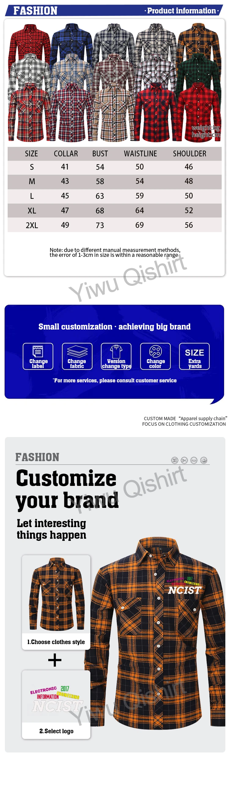 Oem/oem Mens Flannel Shirt Custom Print Embroidery Logo Plus Size 100 Cotton Long Sleeve