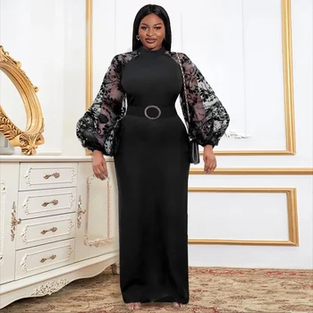 Latest Full Lantern Sleeves Elegant Black Lace Plus Size Women Dress Maxi