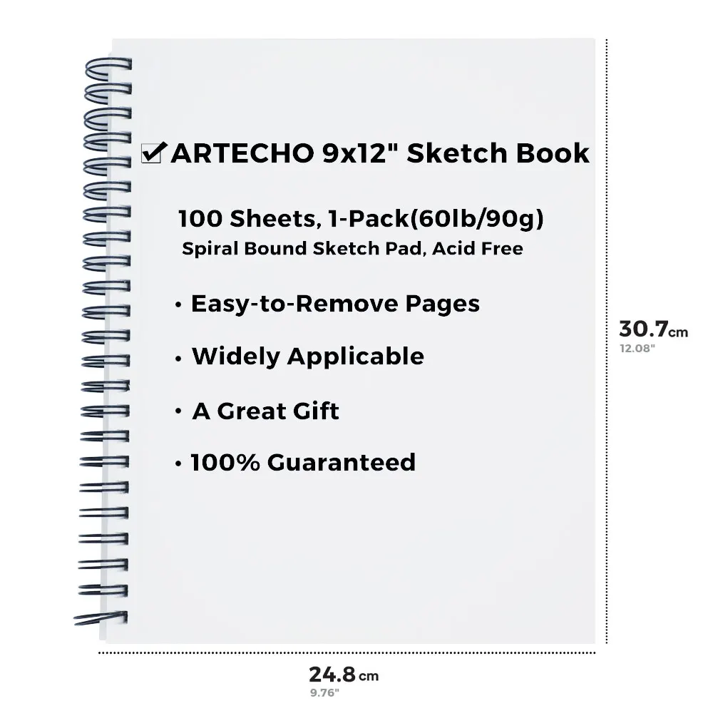 Artecho 9 x 12 Inch Sketch Book, 100 Sheets (60 lb/90gsm), Spiral Bound, Art  Supplies Sketch Pad, Natural White Paper, Durable Acid Free, Drawing Paper,  Ideal for Kids Teens Adults 9x12 1pack