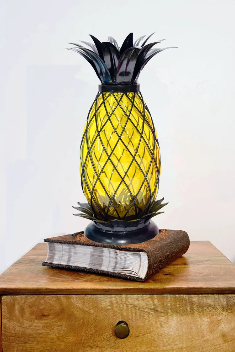Vintage Moroccan Style Glass Wrought Iron Pineapple Hurricane Lantern