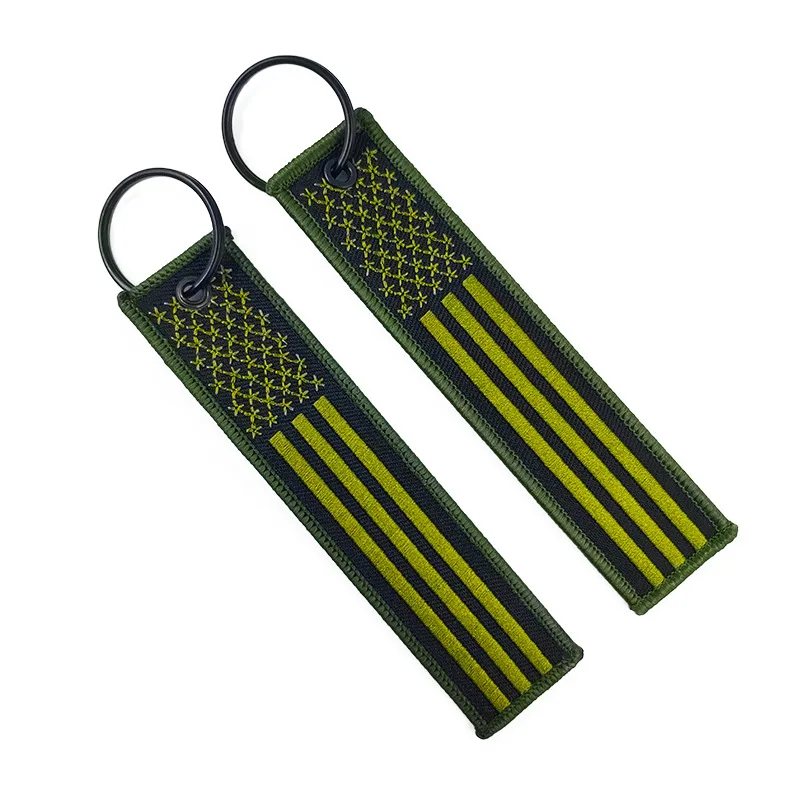 High Quality Custom Double-Sided USA Flag Embroidered Keytag Woven on Alloy Fabric for Promotional Car Accessories Keychains