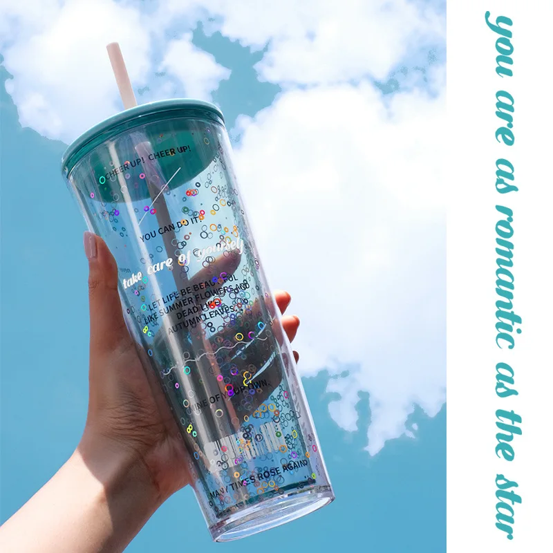 Feiyou best seller custom 720ml big capacity double wall juice drinking cups  bpa free reusable travel plastic tumbler with straw