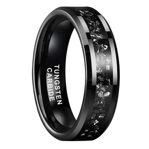 Coolstyle Jewelry 6mm Beveled Edges Mens Womens Fashion Engagement Wedding Band Titanium Chip Inlay Black Tungsten Carbide Rings