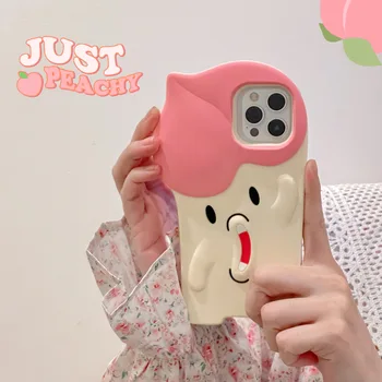 Cute 3D Pink Peach silicone mobile  Phone Case for iPhone 14 13 12 11 Pro Max girls Shockproof back Cover