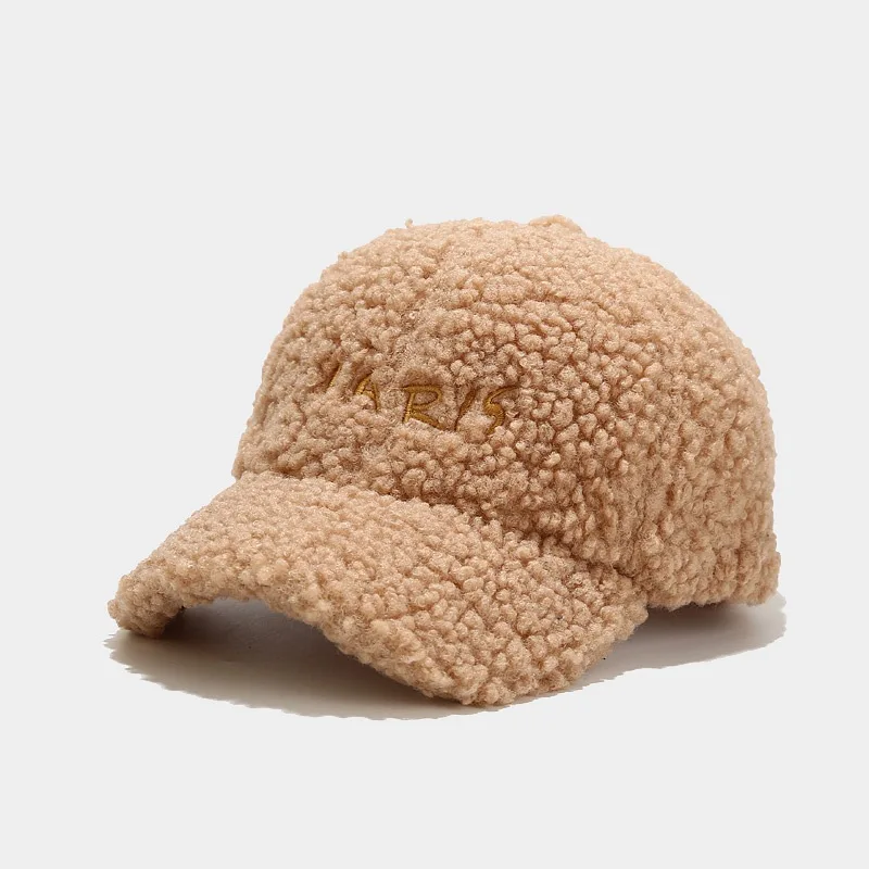 Winter Warm Sherpa Baseball Cap Paris Embroidery Plush Hat Snapback Cap