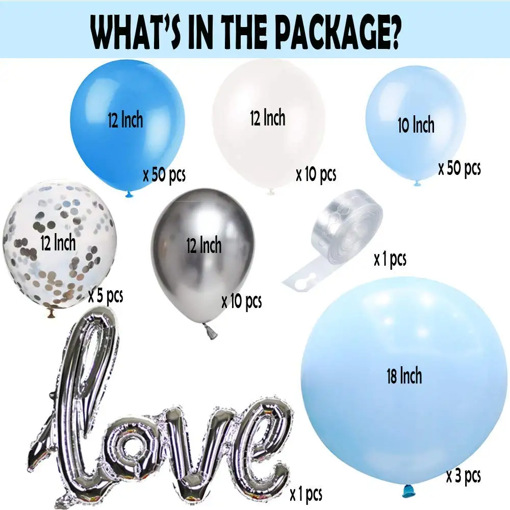 Kit Ballons Bleu Et Blanc 100 Pièces - Avec Confettis Et Arche - Pour Décoration Anniversaire, Mariage