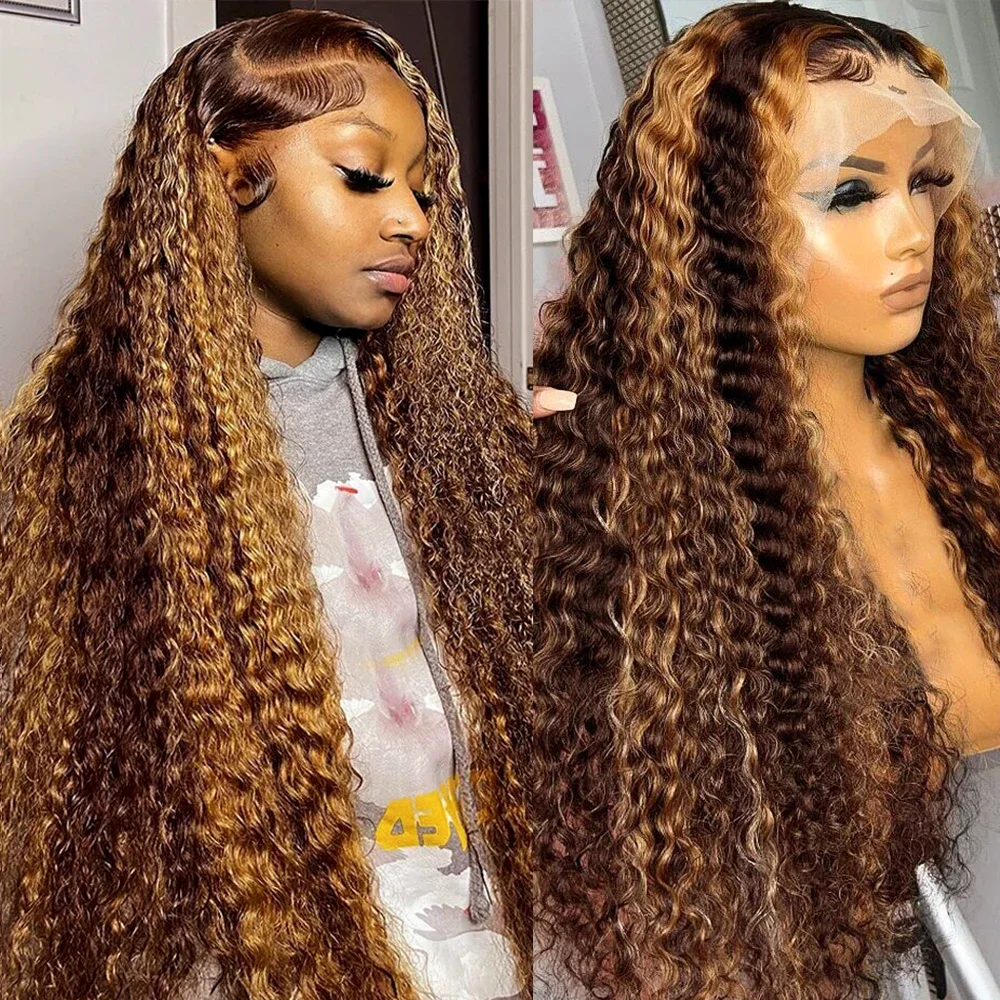 Parrucca frontale in pizzo con onde d'acqua biondo miele, capelli umani, 30 pollici, onda profonda sciolta frontale_voghion.com