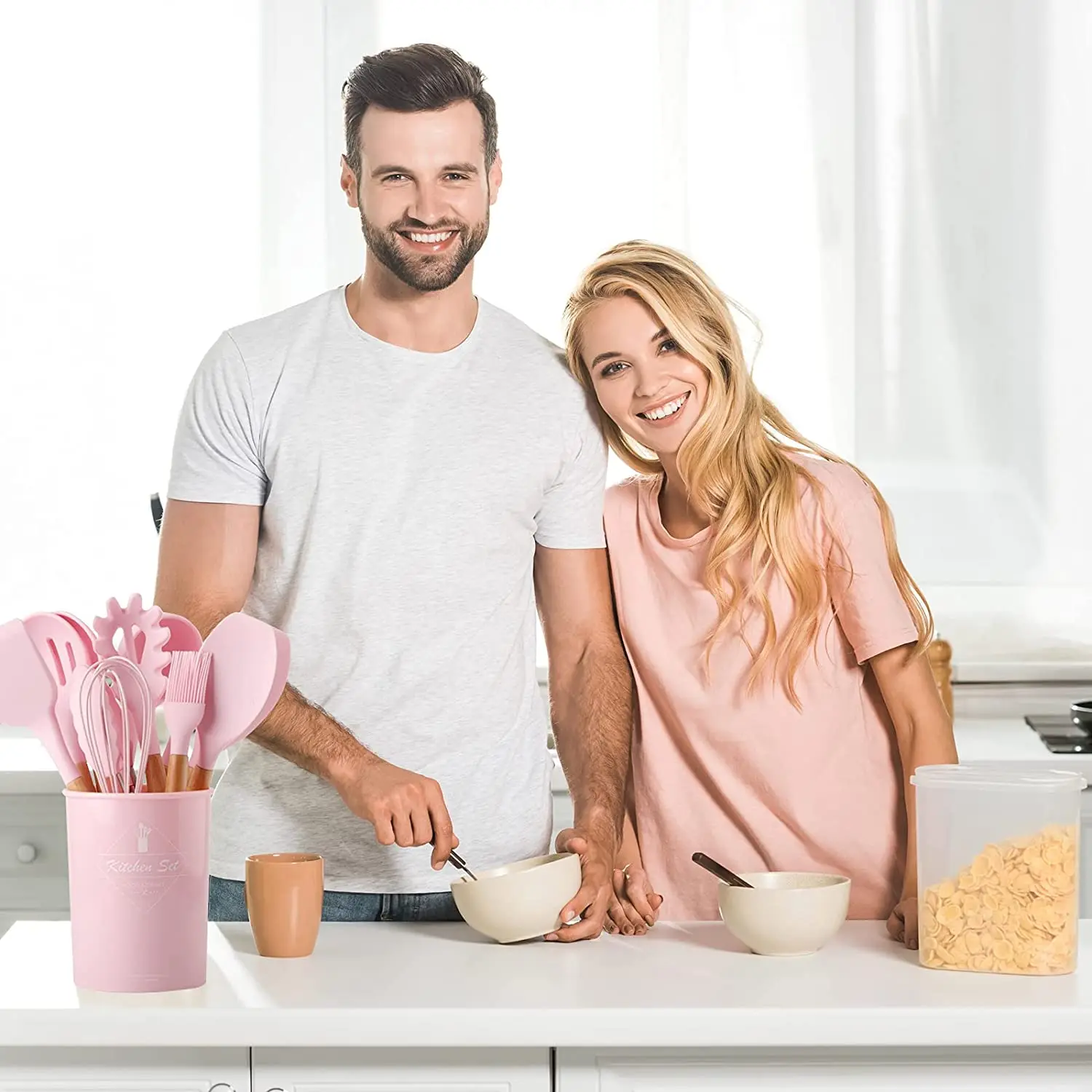 Lot 12 Ustensiles Cuisine Silicone Manche Bois - Set Rose Antiadhésif Résistant Chaleur