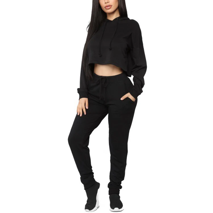 high quality fashion pullover cropped hoodie set solid color womens sweatshirt set