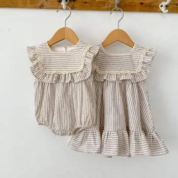 Fashion Baby Girls Clothes Girls Dress Striped Lace Summer New Baby Girl Romper Sister Matching Outfit Princess Dresses