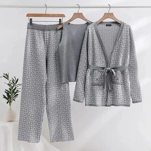 Spring Knitted Suit Casual Fashion Cross Color Blocking Slimming Cardigan Vest Trousers Three-piece Set Female