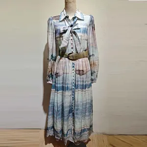 Wholesale Women's Elegant Halter Neck Empire Waist Belt Formal Casual Party Maxi Dress Long Sleeve Light Ocean Print for Summer