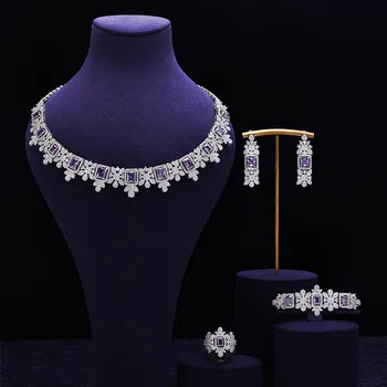 Luxury Purple Zircon Necklace High-End Wedding Bridal Jewelry Micro-inlay for Dinner Dress Micro-inlay Main Material Pearl Gold