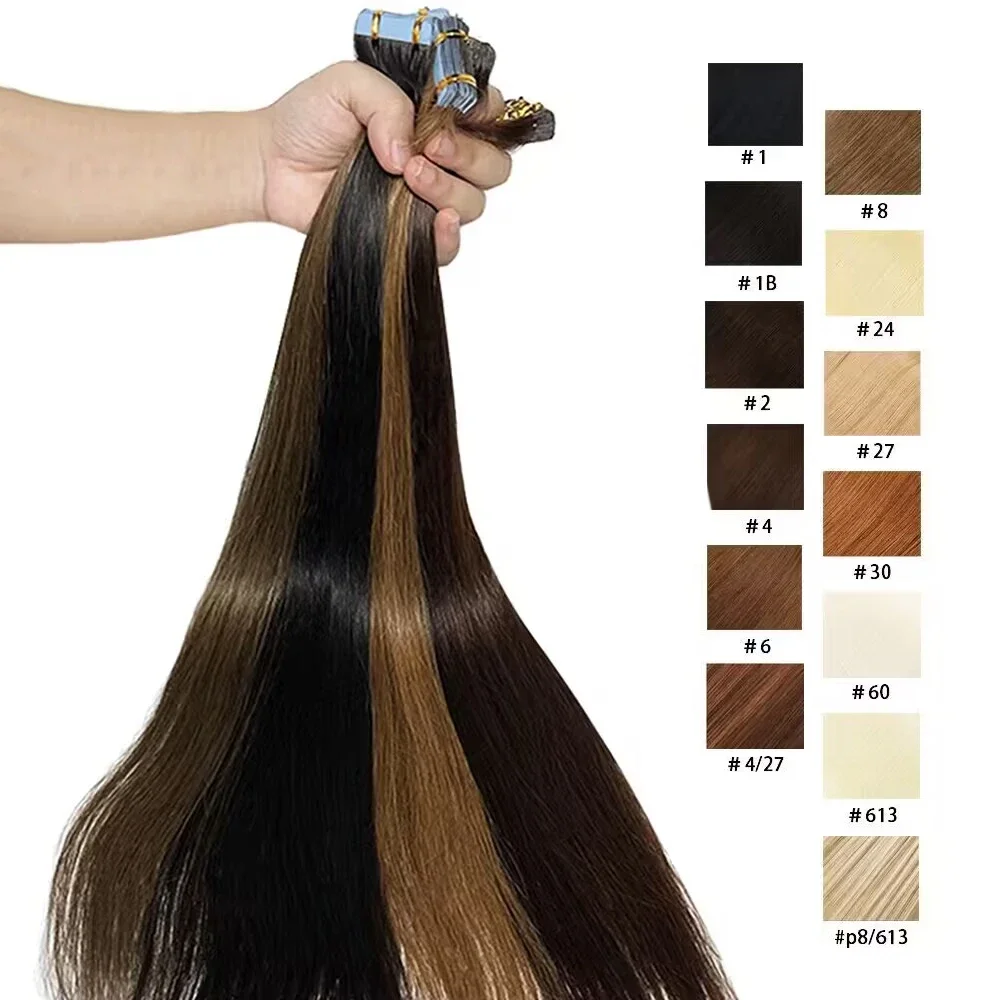 Tape In Human Hair Extensions 100% Remy Natural Human Hair 16-26 inch Straight Seamless Skin Weft Adhesive for Women_voghion.com