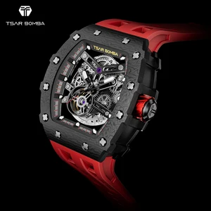 Wholesale Luxury Men's Mechanical Watches Carbon Fiber Automatic Rubber Strap Hollow Dial Tonneau Case Water Resistant Miyota