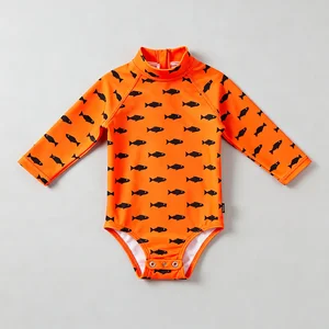OEKO TEX Custom Girls Fish Cartoon One-piece Swimwear Toddler UPF 50+ Cute Long Sleeve Baby Summer Beach Eco-Friendly