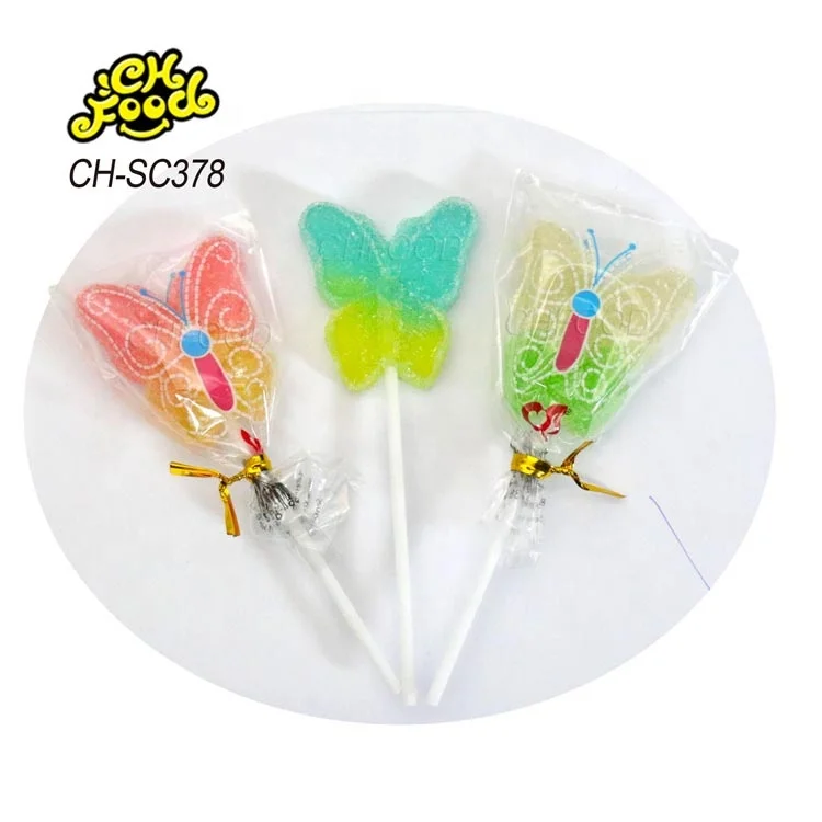 Wholesale Halal Cartoon Fruit Flaovr Sugar Coated Butterfly Gummy Soft Candy Lollipop Sweets Custom Kids Snack