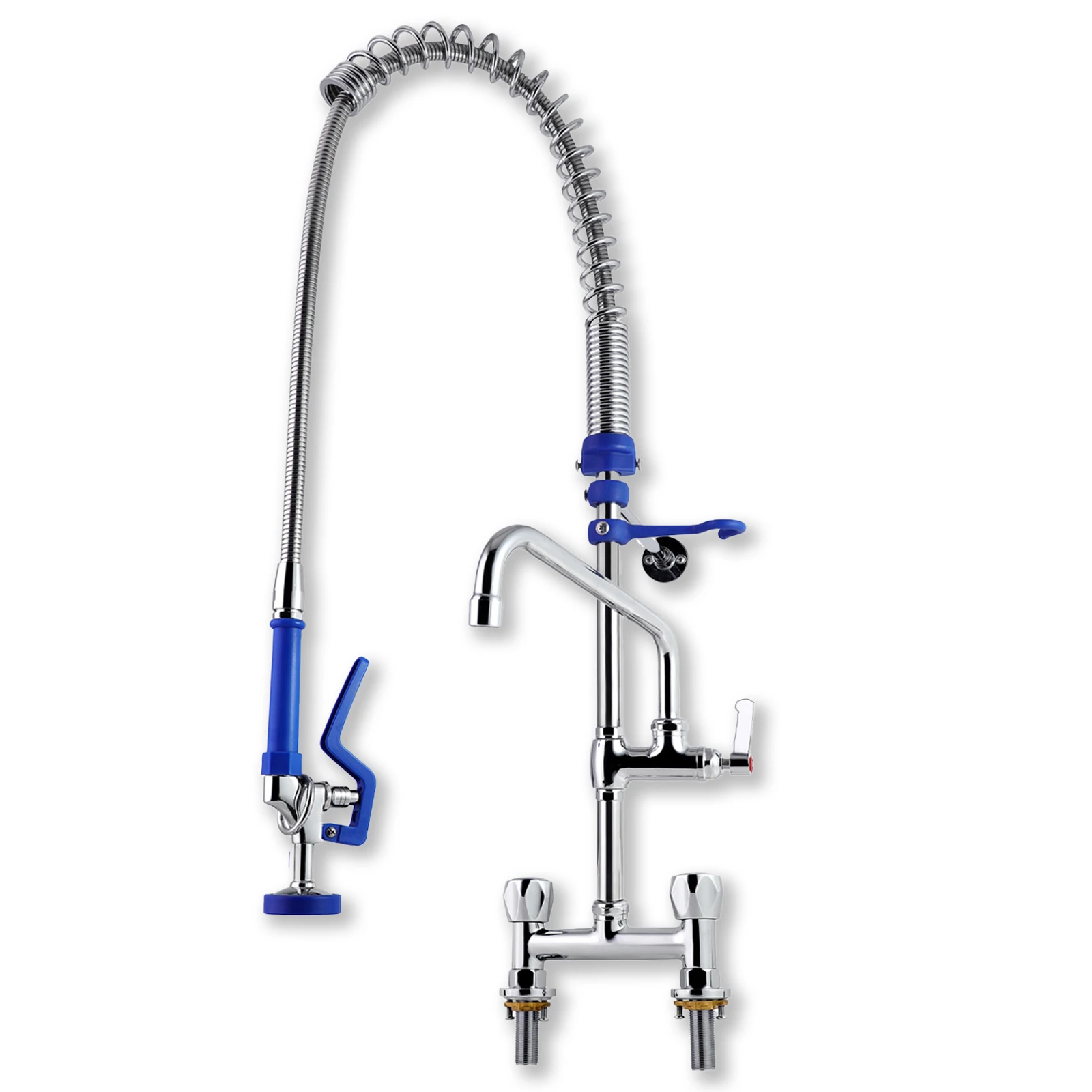 Grifo comercial montado en cubierta con doble mango de latón y palanca de prelavado para cocina, grifos fáciles de instalar con volante manual, uso industrial y en hoteles