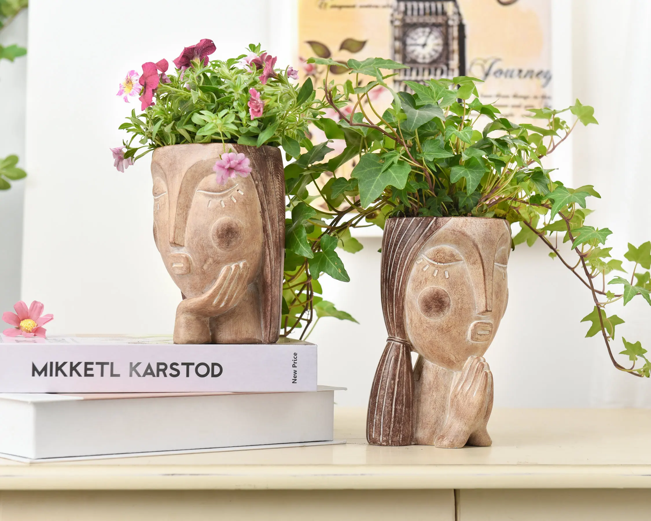 New Design Succulent Face Head Planter Statue Decoration Resin Girl Face  Flower Pots Home Garden with Drainage Hole