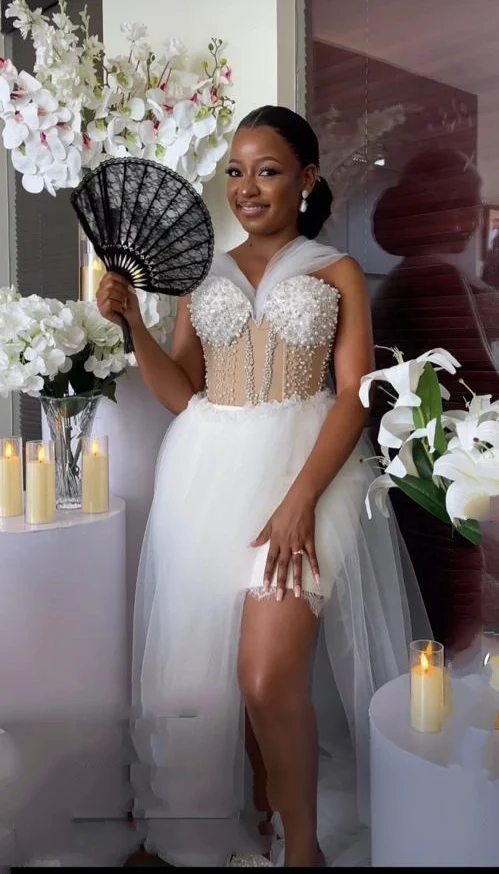 white dress with pearls for bridal shower Wedding Pearls African Party Sleeping Bridal Shower Dresses