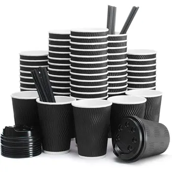 Biodegradable  Eco-friendly  8oz 12oz 16oz 24oz  Black Ripple Wall Cup Coffee Paper Cup with logo for Hot Drinks