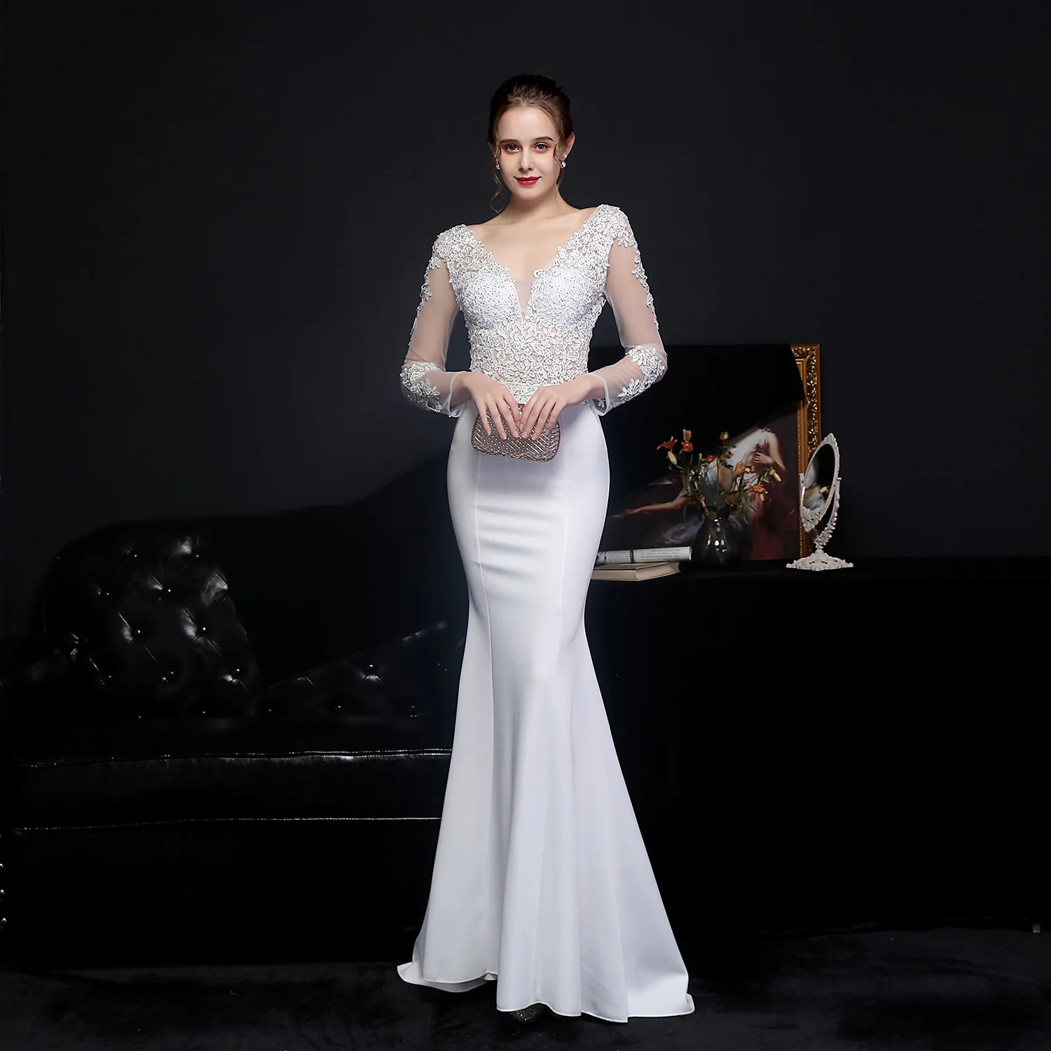 S2742F     2025 New High Quality Lace Perm Toast  Bride  Elegant Fishtail Evening Dress