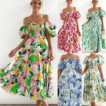 Wholesale spring summer women's floral dress sexy line shoulder floral fashion off-the-shoulder long printed skirt
