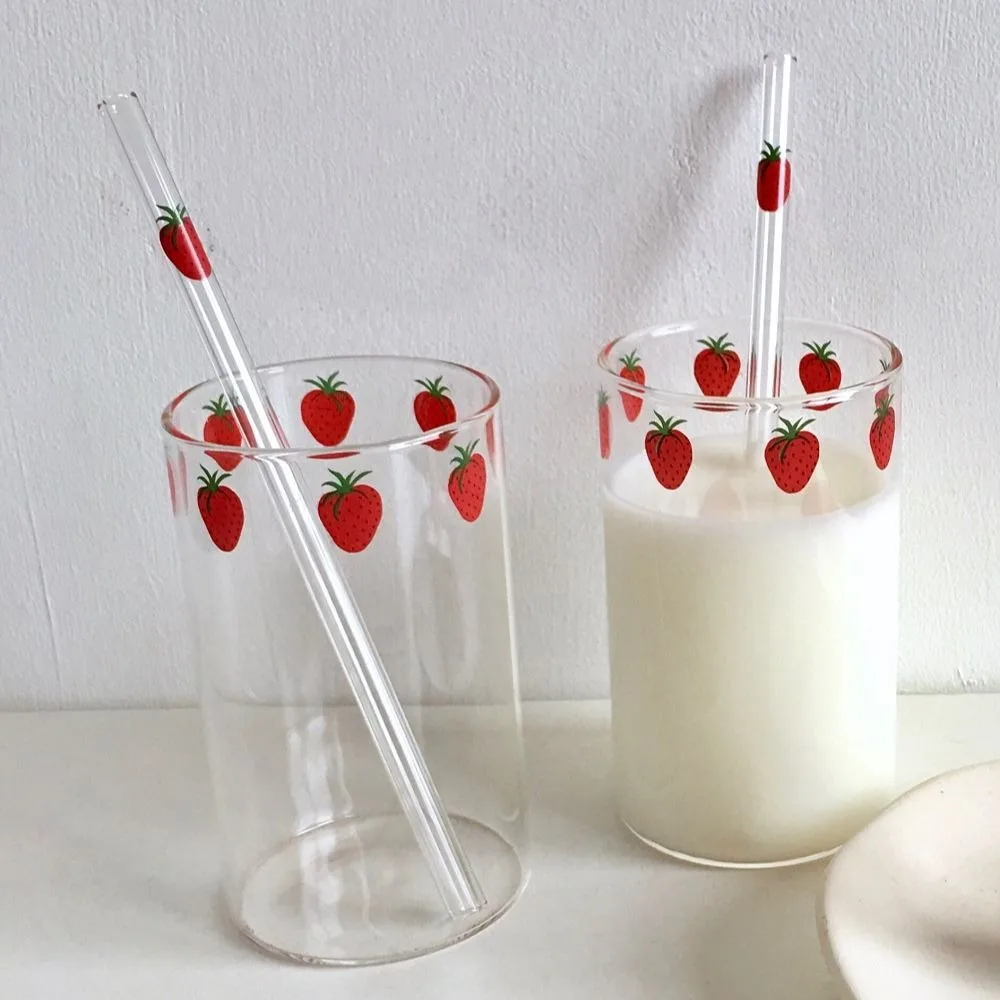 ERINGOGO Lot De 2 Tasses En Verre Fraise 300ml Avec Pailles - Verre Borosilicate Kawaii Petit-Déjeuner