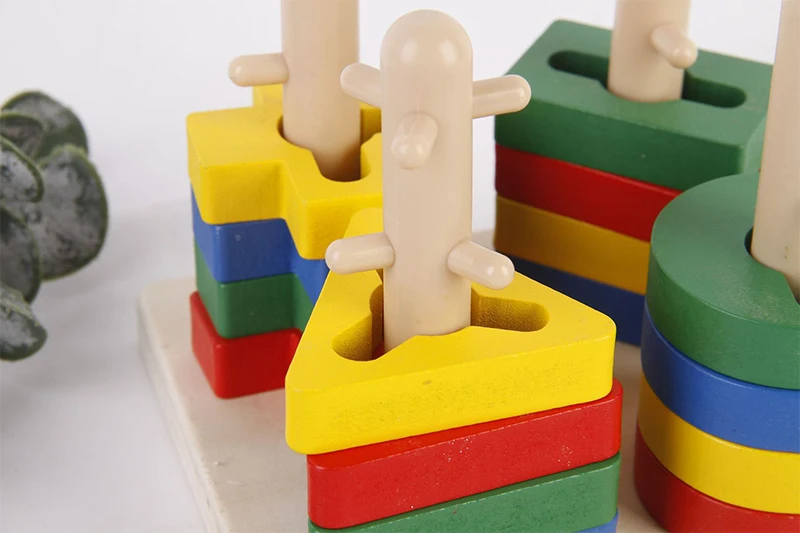 Wood Block Toy Multicolored Geometric Shapes Matching Wooden Shapes