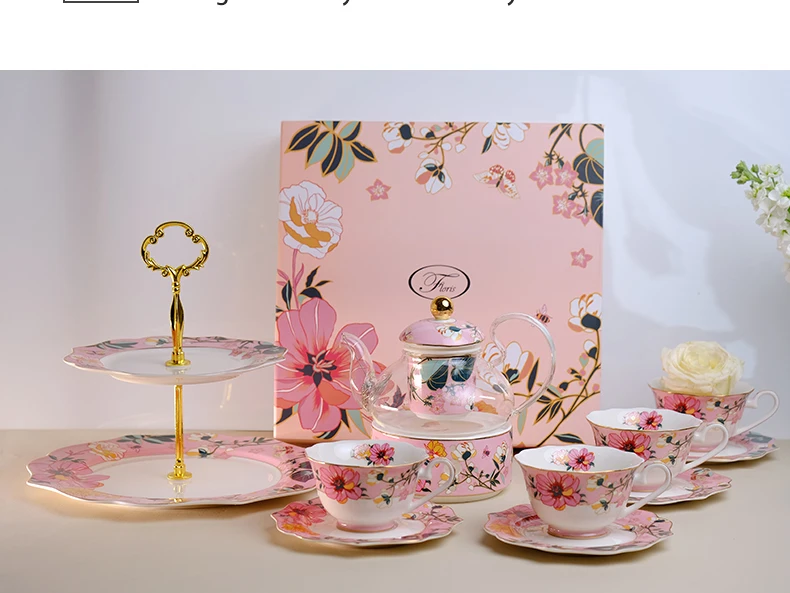 Hot Sell Bone China tea set with tea pot  porcelain 2 tires cake stand ceramic coffee cup and saucer and tea set for party supplier