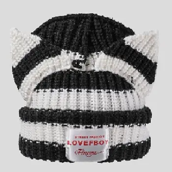 student Wholesale Custom Logo Warm Caps Strip Winter Woolen Beanie Knit Hats With Pom