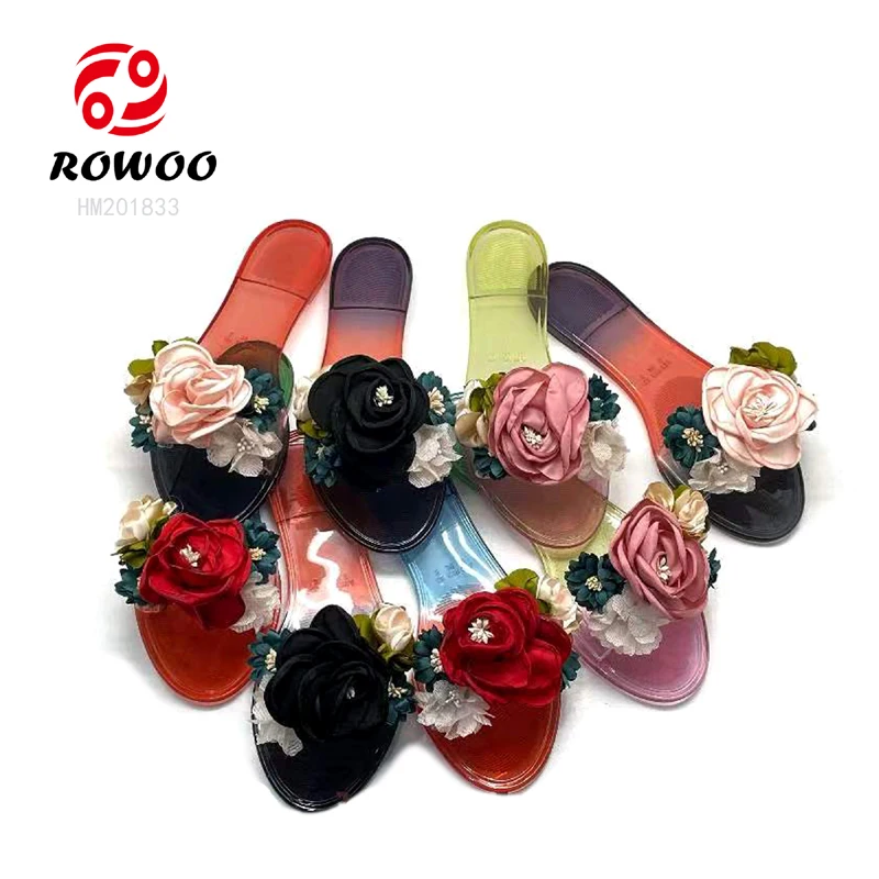 Hot Sales New Design Lady Candy Shoes Rose Flower Luxury Wedding PVC Jelly Stylish Fashion Sandals slippers for Women