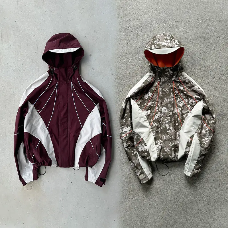 Wholesale Streetwear Custom Oversized Heavyweight Boxy Nylon Windbreaker Splicing Color Blocks Zip Hoodie Jacket for Men
