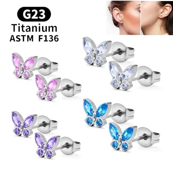 2PCS ASTM F136 G23 Titanium Piercing Butterfly Ear Studs 20G Zircon Tragus Cartilage Piercing Studs Earrings Woman Body Jewelry