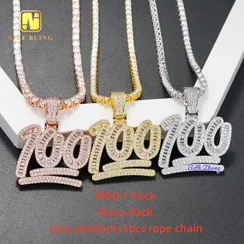 Pass diamond tester hip hop jewelry 100 points number pendant 925 silver baguette moissanite diamond pendant with rope chain