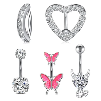 A Set Heart Belly Button Rings Piercing Lady Y2K Pink Double Butterfly Reverse Bar Belly Ring Surgical Steel Navel Piercing