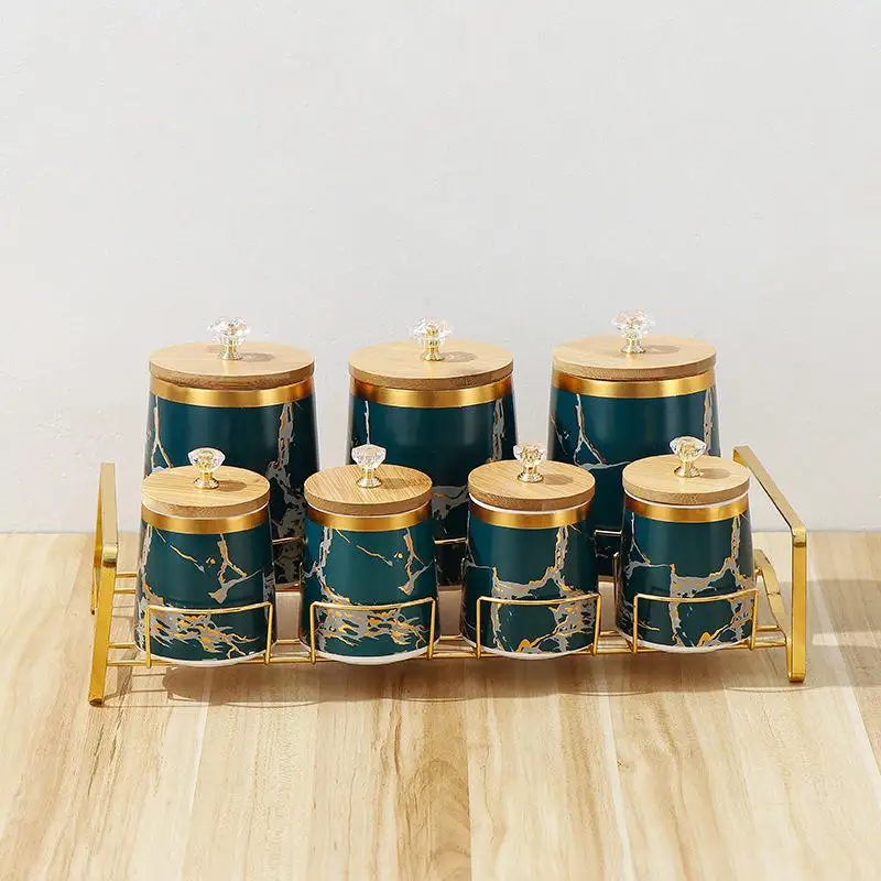 High quality Ceramic food storage jar with metal rack and lid Porcelain 7pcs condiment jar set