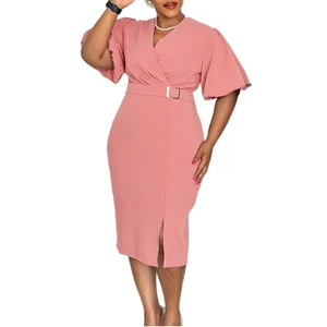 D3331 Latest Design Ladies Office Dresses Women Casual Summer V-neck Regular Sleeve Slim Split Career Pencil African Dress