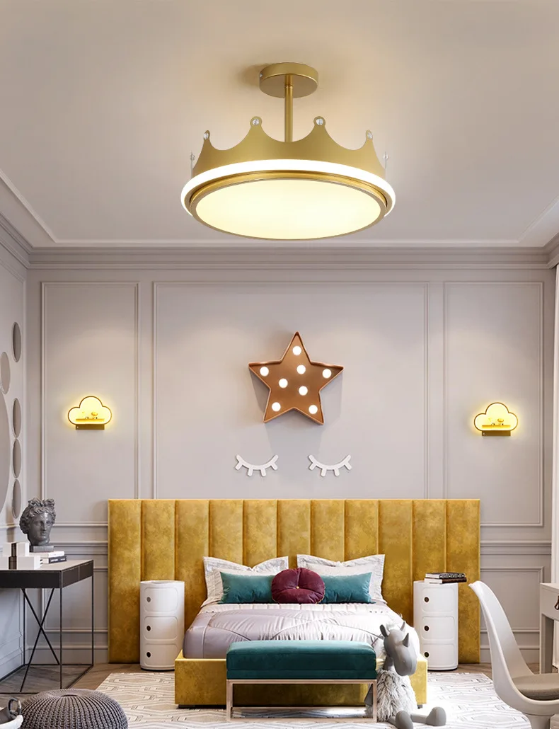48W Modern Novelty Simple Nordic Child Boy Girl Bedroom Study Room Crown Led Chandelier Lamp Ceiling Lighting