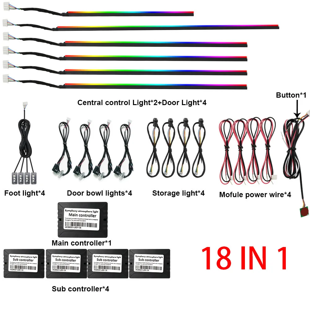 Car Dynamic Ambient Light Kit 18 In 1 Rgb Interior Decoration Acrylic
