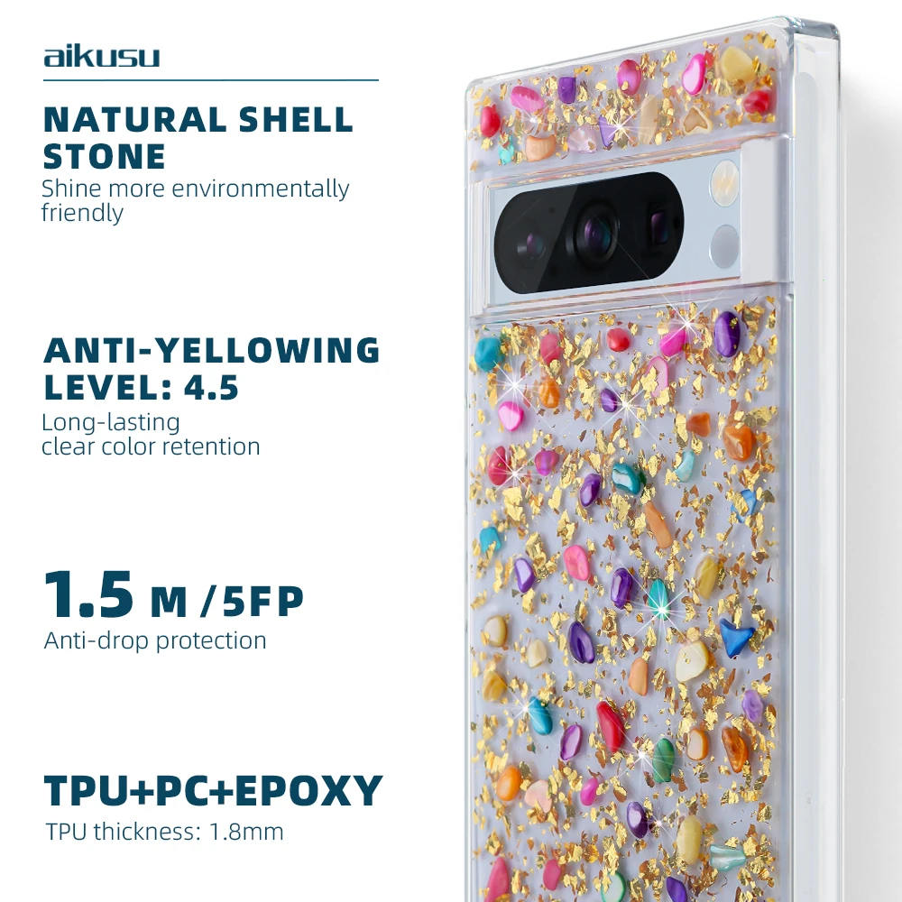 Aikusu Resin Epoxy Case for Google Pixel 8 7a 6a Gold TPU PC Phone Case for Google Pixel 8 Pro Shock Mobile Case