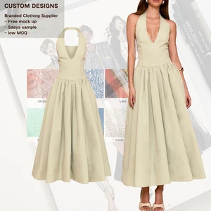 High Quality Women's Clothing Sleeveless Halter Deep V Neck Midi Dress Sexy Elegant Casual Backless A-line Dresses