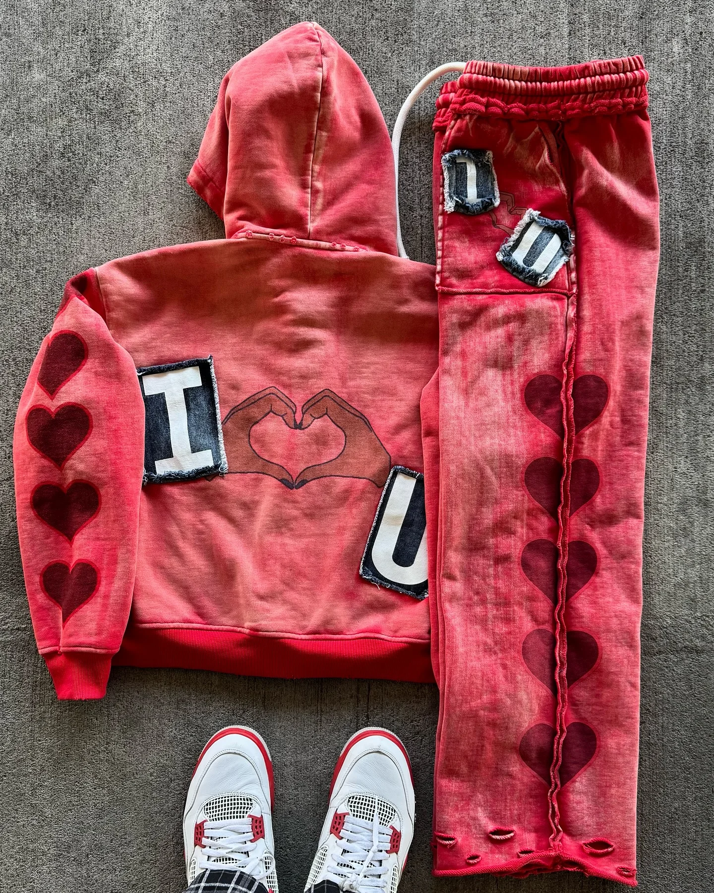 Cotton Hoodie Sets Print Distressed Hole Reverse Stitching Acid Wash Hoodie Applique Embroidery Sweatpants and Hoodie Set gallery 7