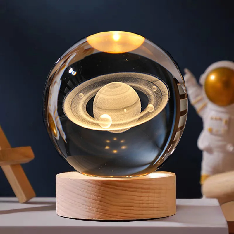 Christmas Gift 3d Galaxy Crystal Ball Wooden Base Solar System Planet ...