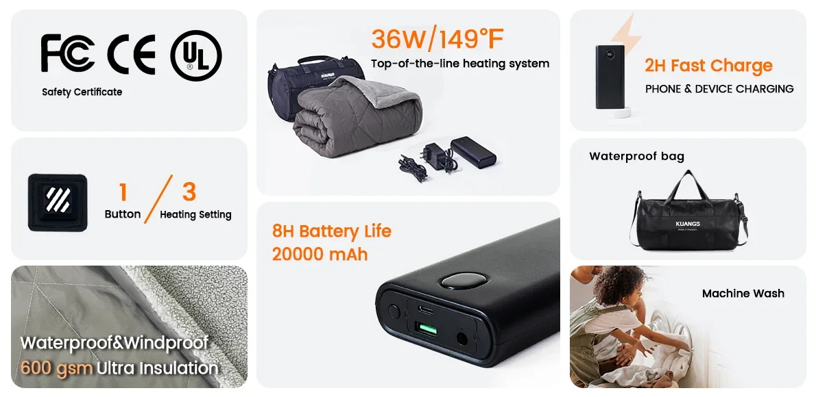 50*60'' Doublesided Nylon Microsherp Portable Usb Car Camping Heated Blanket For Outdoor Use